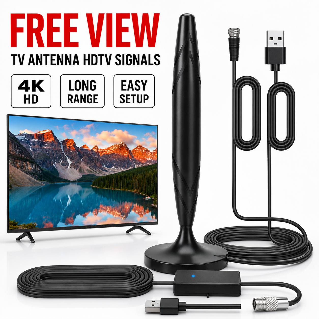 TEMU Antenne TV numérique HD 4K longue portée, couverture de plus de 29 000 miles, amplificateur de signal 1080P, câble, réception omnidirectionnelle