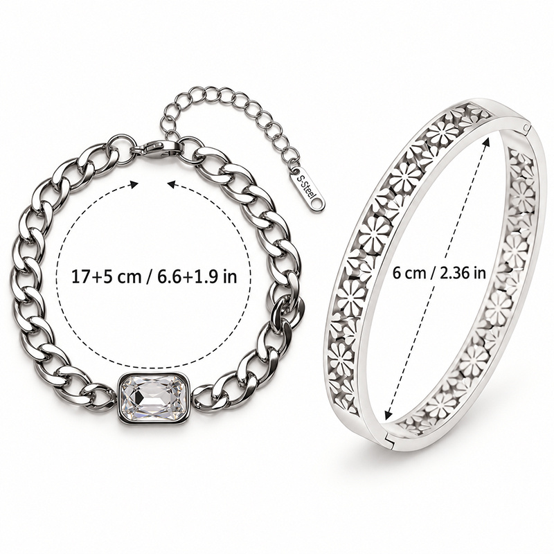 2pc Adjustable Chunky Chain & Floral Carved Bangle Set