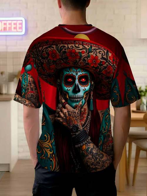 2026 new printed t shirt printed with mens themed printed t shirt mexican skull top retro ethnic style full tattoo pattern casual short sleeve street cool