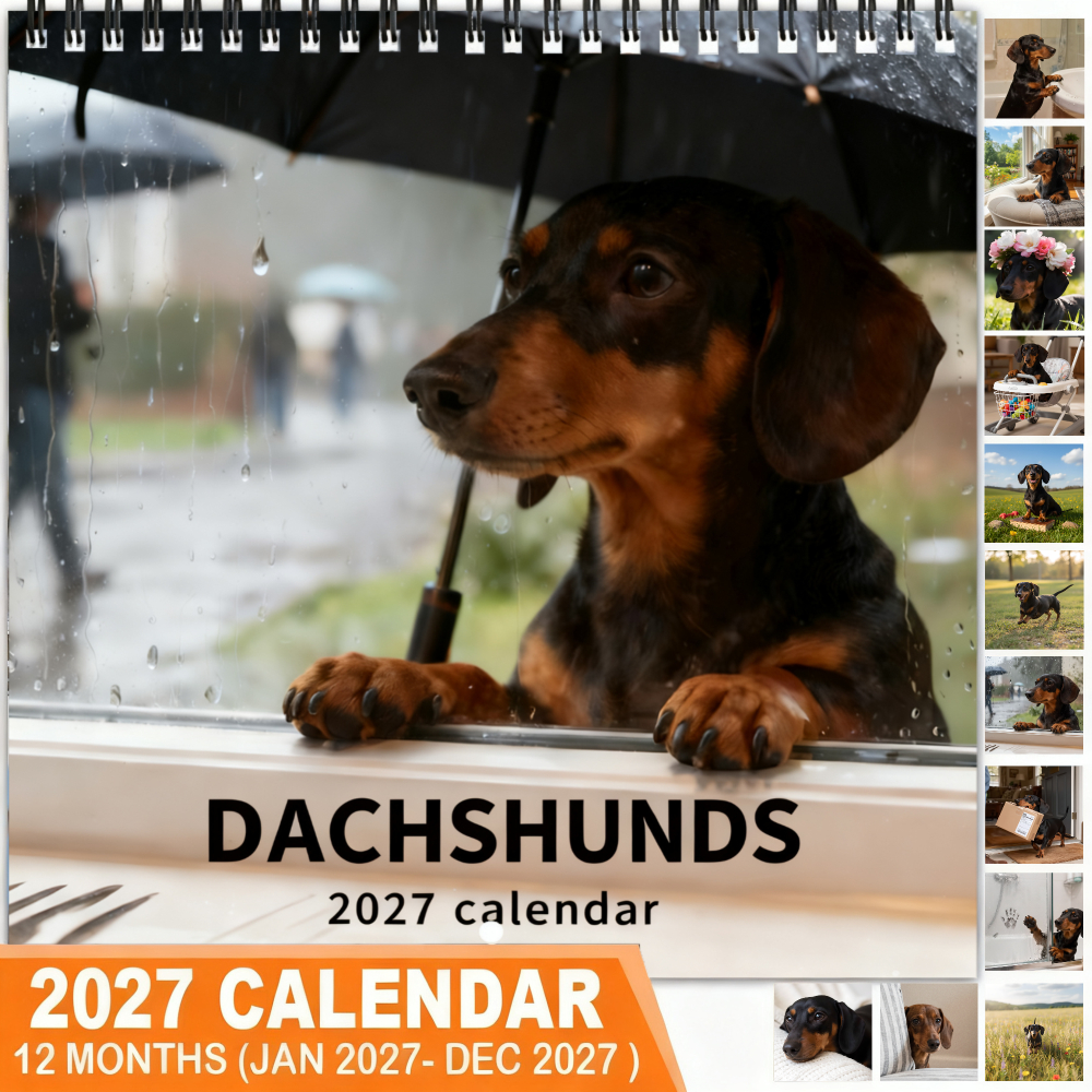 TEMU 1pc 2027 Sausage Dog Calendar Desk Calendar - Spiral Bound Thick Coated Paper, Suitable For Home Or Office, Window Outside Umbrella Sausage Dog