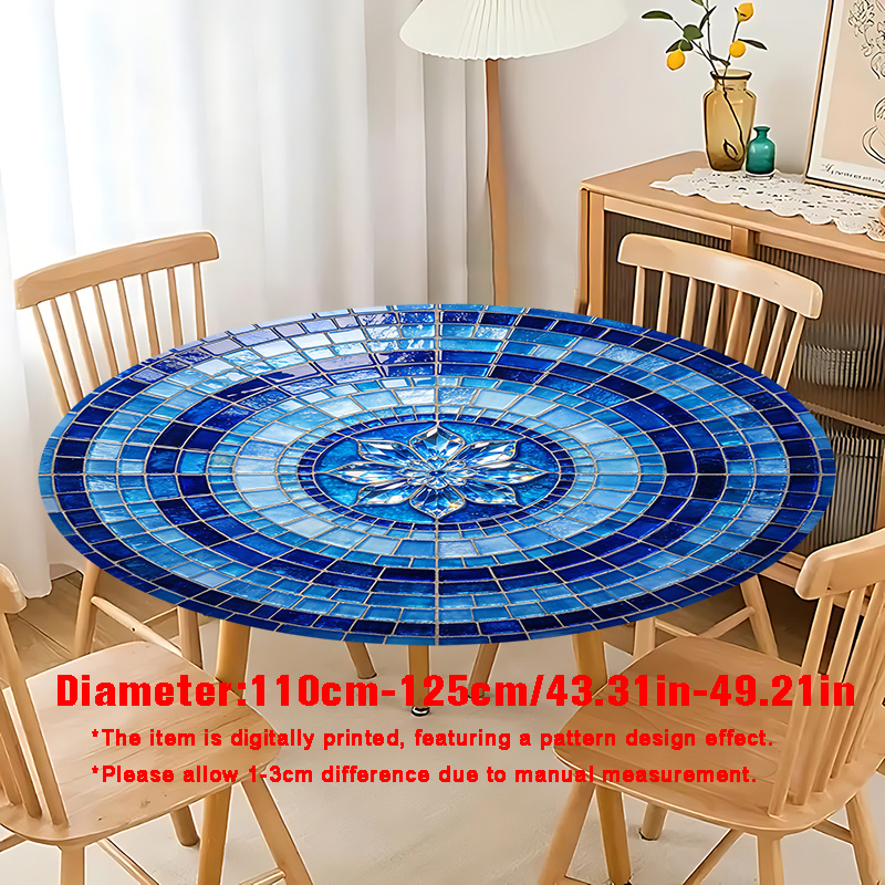 TEMU Nappe Ronde Élastique à Imprimé 2D, Motif Floral Mosaïque Bleu, Style Moderne et Facile, Housse de Table Circulaire Élastique Imprimée Adaptée