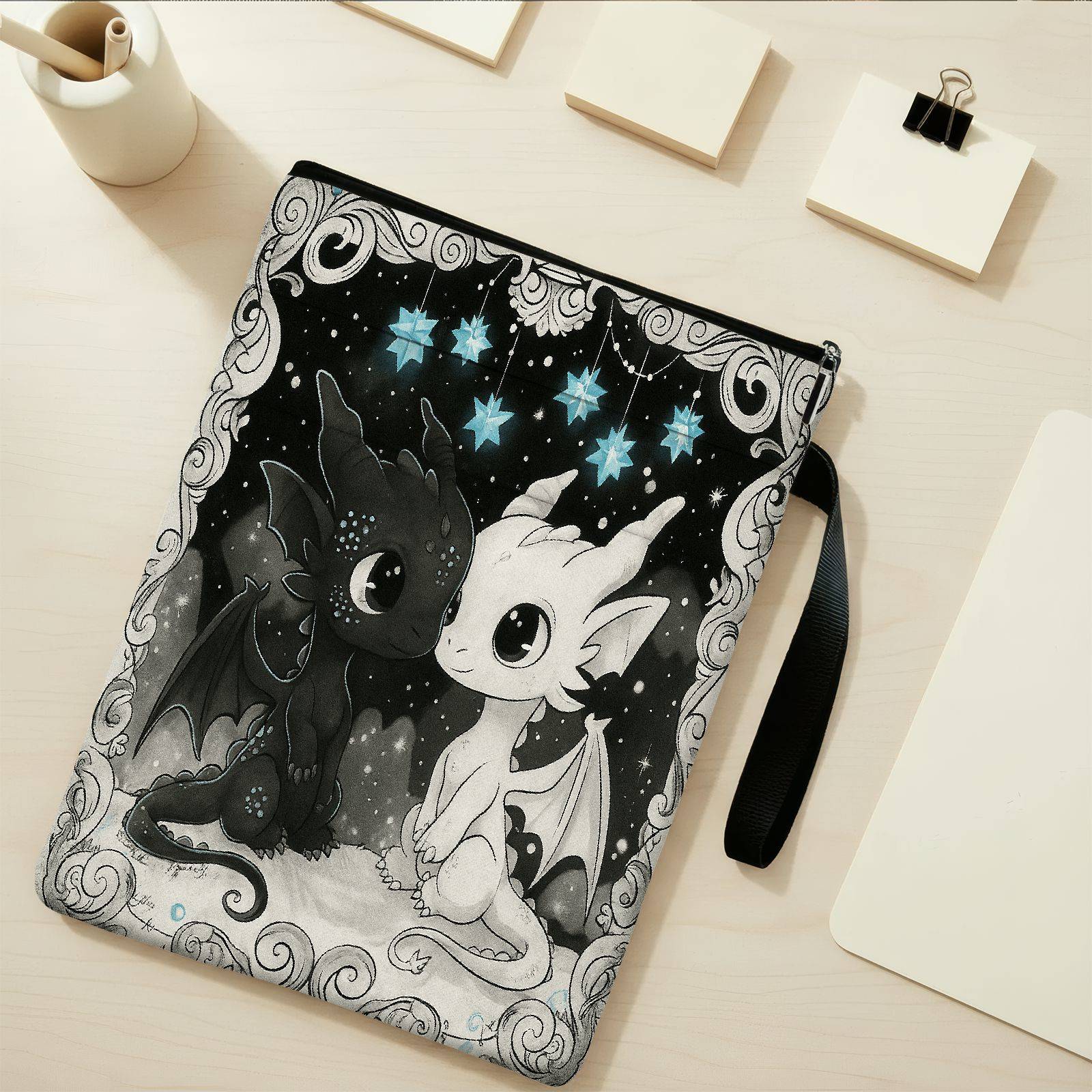 TEMU 1pc Cute Dragon & Starry Cover With Zipper Closure - Book Protector Storage Bag With Front Pocket, /office Organizer For Textbooks, Notebooks,