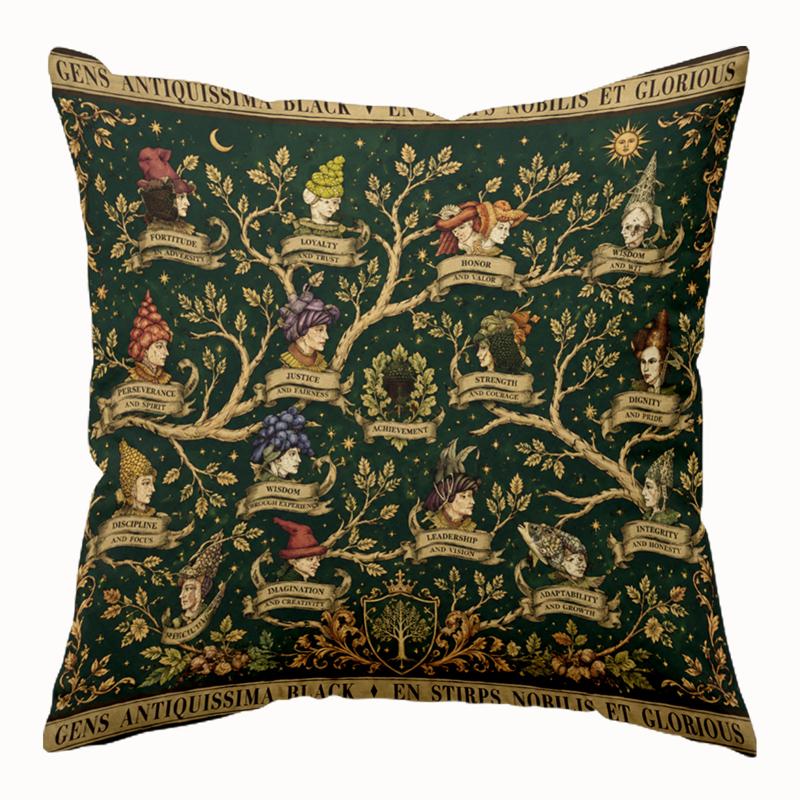 TEMU Housse de coussin arbre généalogique médiéval 18X18 pouces, 1 pièce, verte foncée, avec motif doré , et de feuillage, style héraldique de , pour