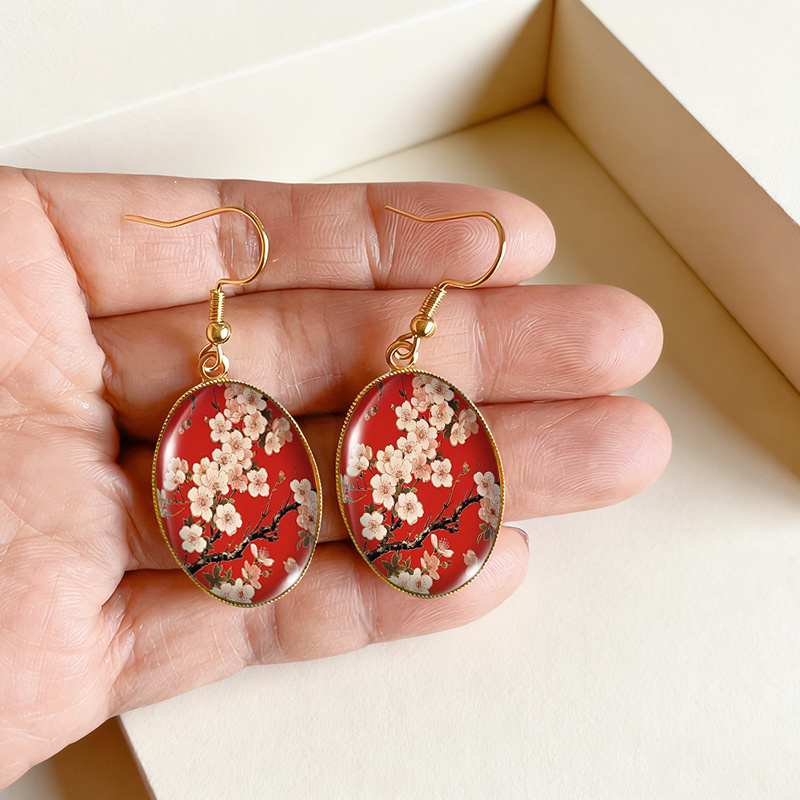 Women's Chinese Plum Blossom Art Dangle Earrings, Golden Oval Design