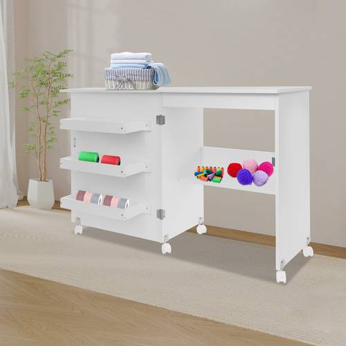 collapsible sewing workstation mobile sewing machine desk featuring a storage shelf sewing table on wheels and a foldable sewing machine cabinet sewing storage