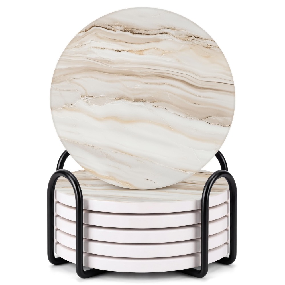 TEMU Ceramic Coasters Set Of 6 – Absorbent Stone Drink Coasters With Holder, Non-slip Cork Backing, Brown Marble Look Coasters For Coffee Table, Desk