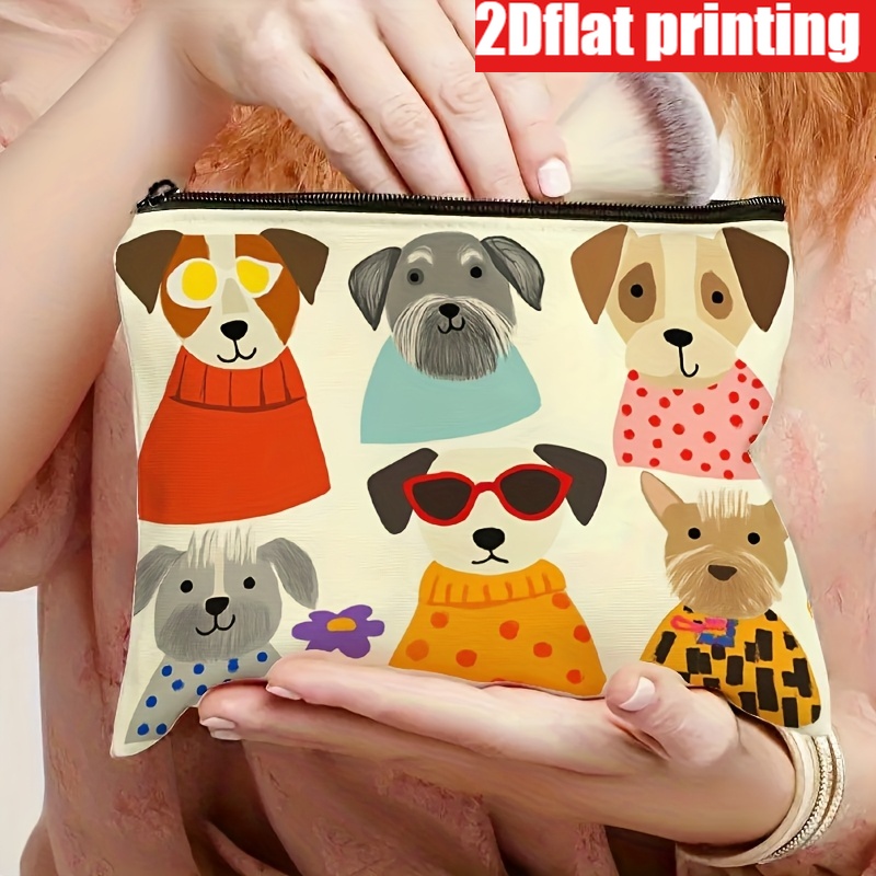 TEMU 2d Flat Printing 1pc Modern Cute Dog Print Cosmetic Bag - With 6pcs Adorable Puppy Illustrations Zipper Pouch, Durable Fabric, Machine Washable,