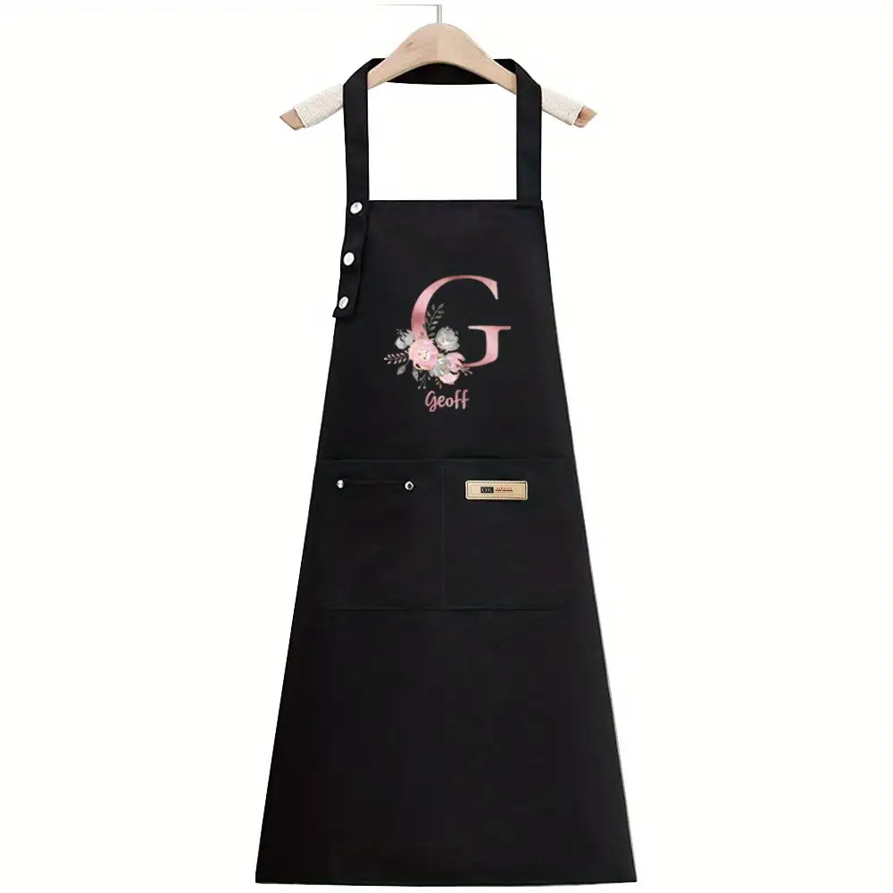 TEMU 1pc Personalized Chef Apron - Name/text, Heavy-duty Thickened Durable Blend (), Black With Design, Comfortable & Cooking Apron For S, Chefs,