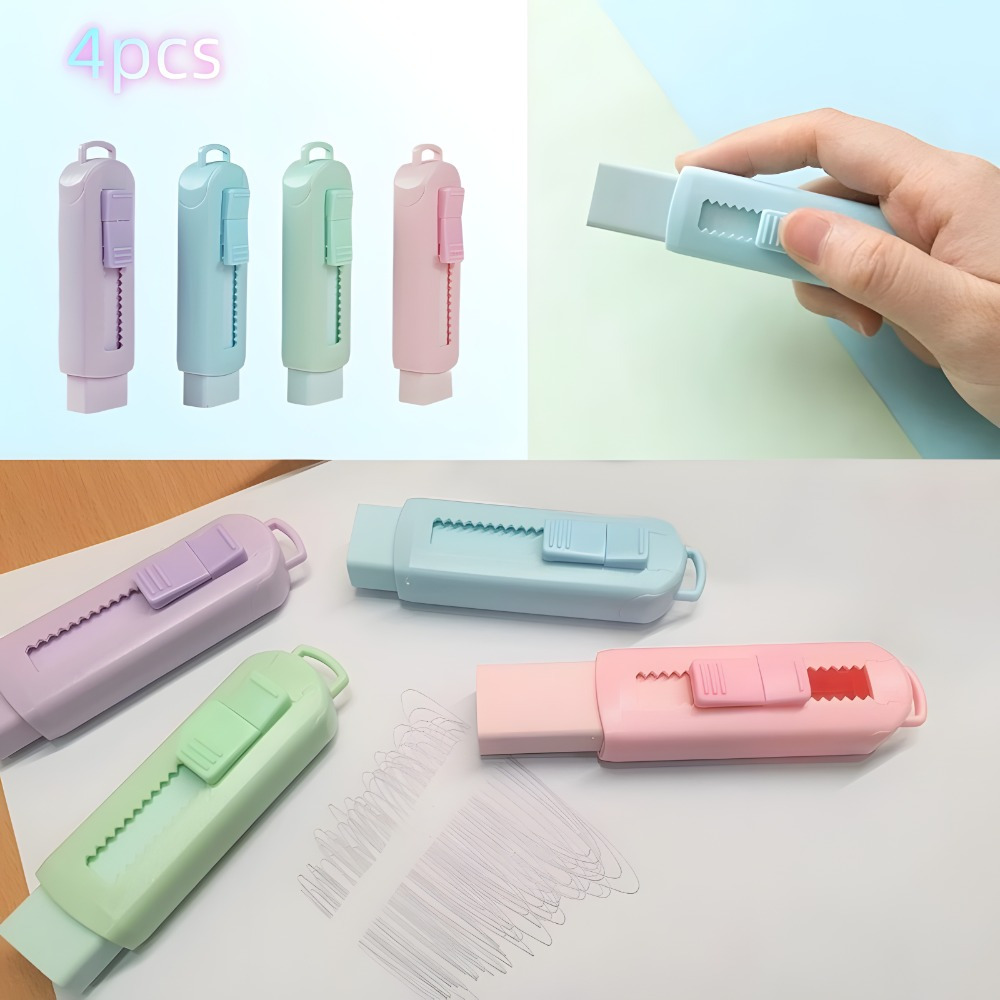 TEMU 4 Pack Pencil Eraser With Plastic Sleeve Creative Erasers Rubber Erasers Sliding Retractable Eraser Stationery Supplies