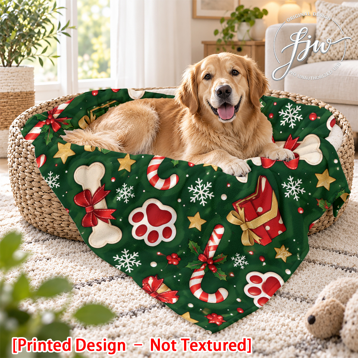 TEMU [printing Design-no Texture]-1pc Christmas Pet Blanket With Paw Print Candy Cane Designs Cute Cartoon Warm Blanket For Cats And Dogs Universal