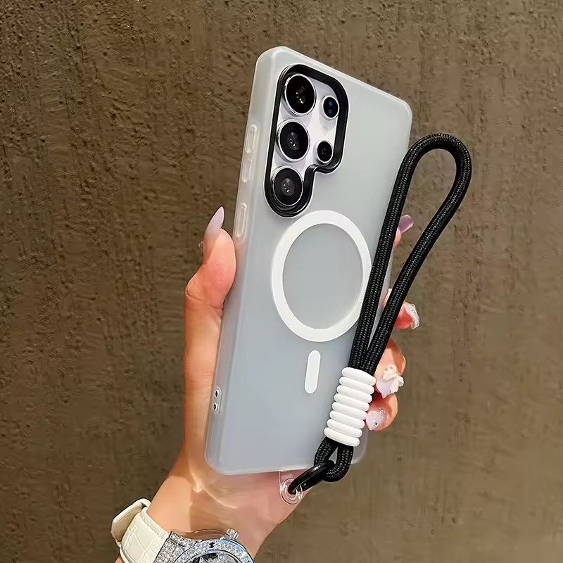 Image of Phone Case - 2pcs Magnetic Jelly Phone Case With Wrist Strap Matte Semi-transparent Shockproof Protective Cover Includes Phone Case And 1 Wrist Strap Compatible For Galaxy S24 S24 Fe S25 S25 Ultra