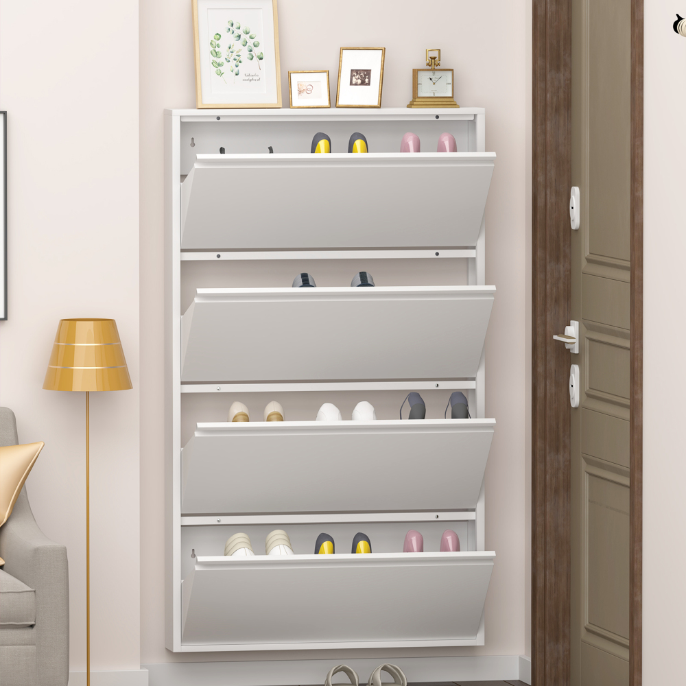 Image of Shoe Cabinet. Metal Shoe Cabinet With 4 Flip-down Drawers, Wall-mounted Shoe Organizer, Slim Hidden Entryway Shoe Storage Rack, White