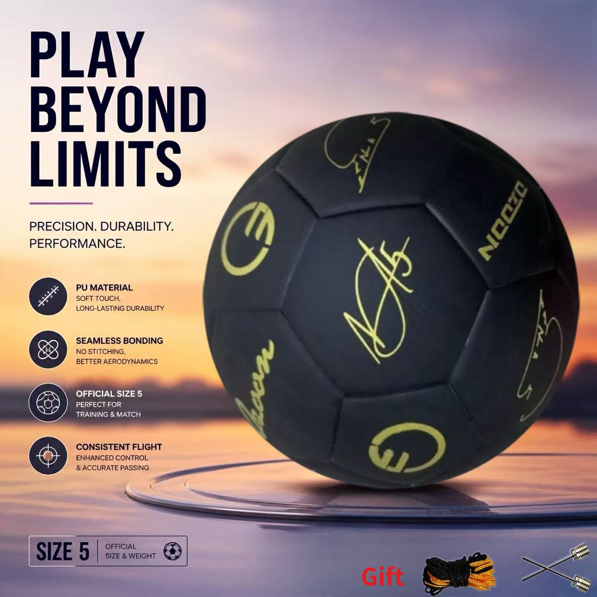 TEMU Premium Professional Size 5 Soccer Ball - High-end Black And Golden, High-quality Pu Material, Seamless Hot-molding Waterproof Process, Non-slip