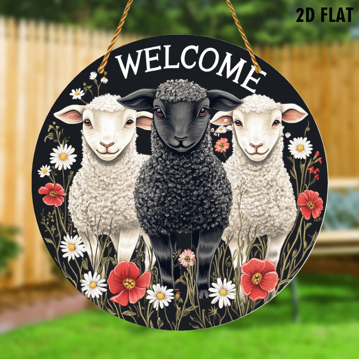 TEMU 2d Flat, Welcome Sheep Wooden Wall Art, 2d Flat, 1pc - Sheep In White With Red Poppies And Daisies, Rustic Farm Hanging Sign, Durable Wooden