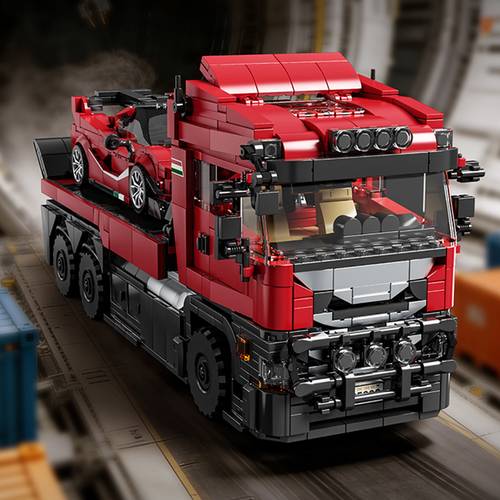 schwertransporter lkw und sportwagen baustein modell, low-profile sportwagen display moc konstrukteursatz, fortschrittliche mechanische fahrzeug bausteine für, kreatives sammlerstück display modell, geburtstags- und weihnachtsgeschenk