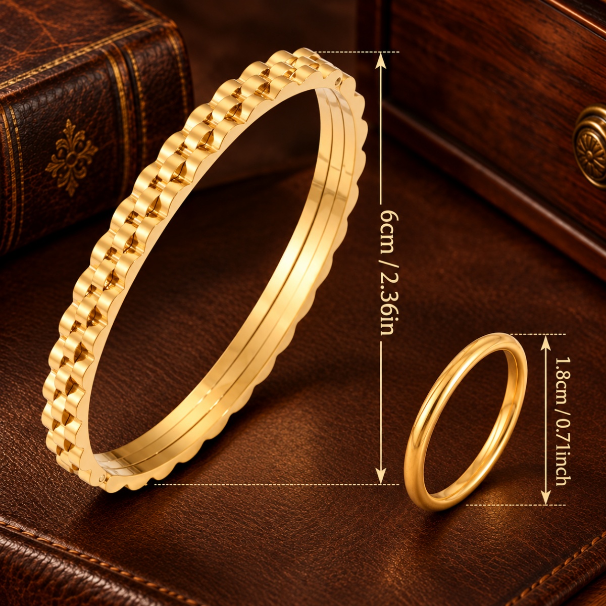 2pc Women's 304 Stainless Steel Cable-Link Bracelet & Smooth Band Ring Set
