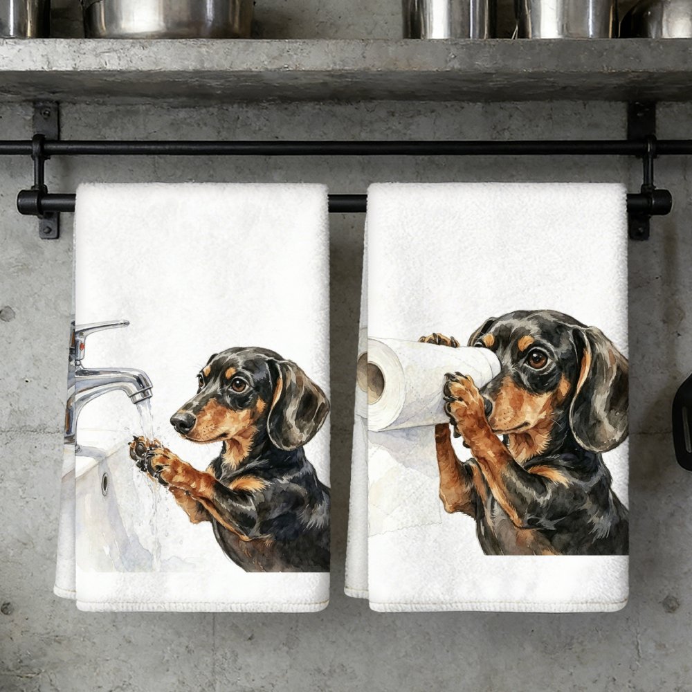 TEMU 2pcs Funny Watercolor Dachshund Pattern Bathroom Towels, Polyester Machine Washable Decorative Tea Towels Dishcloths, Ideal For Kitchen &