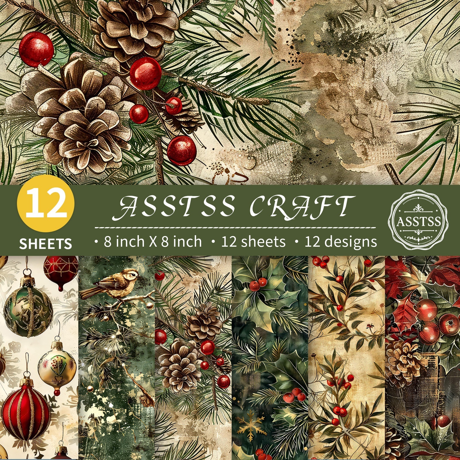TEMU 12-sheet Asstss 8*8inch Scrapbooking Paper Pad, Christmas Vintage Aged Pine Cone Style Backing Paper Supplies, Heavyweight Cardstock For
