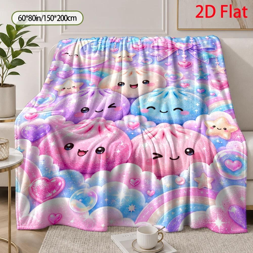 TEMU 2d Flat, 280gsm, Flannel Blanket With Cute Dumpling Character Pattern, Flannel Fleece Blanket With Whimsical Watercolor Painting Of Glittering