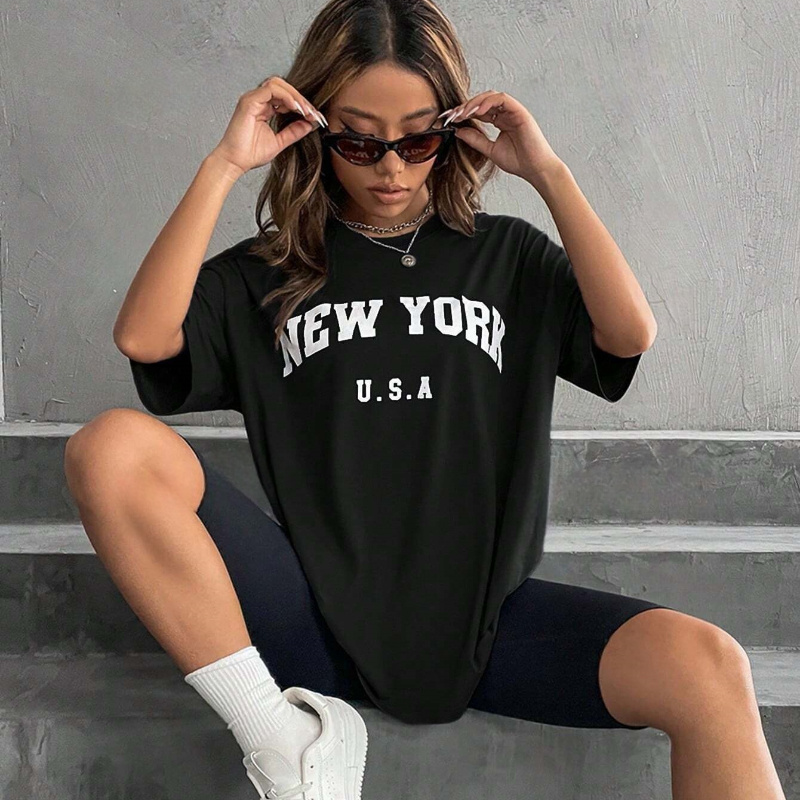 

Women's Casual Polyester T-shirt With New Usa Letter Print, Drop Shoulder Short Sleeve Crew Neck Top, Loose Fabric, 95% Polyester 5% Spandex, Fashion - Black