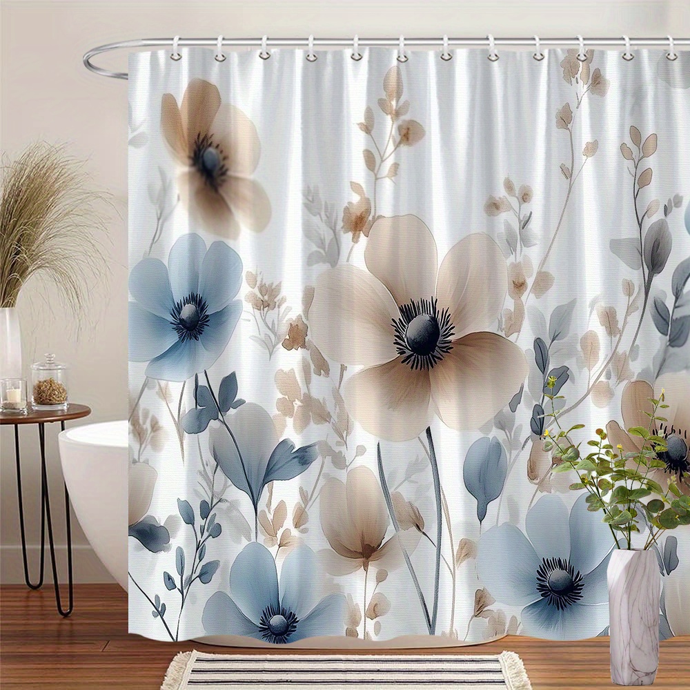 TEMU 1pièce Rideau de douche à motif floral numérique minimaliste crème et des centres bleu foncé, des branches délicates, une palette pastel douce,