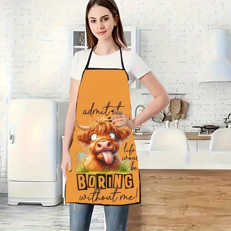 TEMU 1pc Highland Cow Print Apron - Fun Cartoon Design, Large Size, Polyester Fabric, Cooking & Kitchen Use