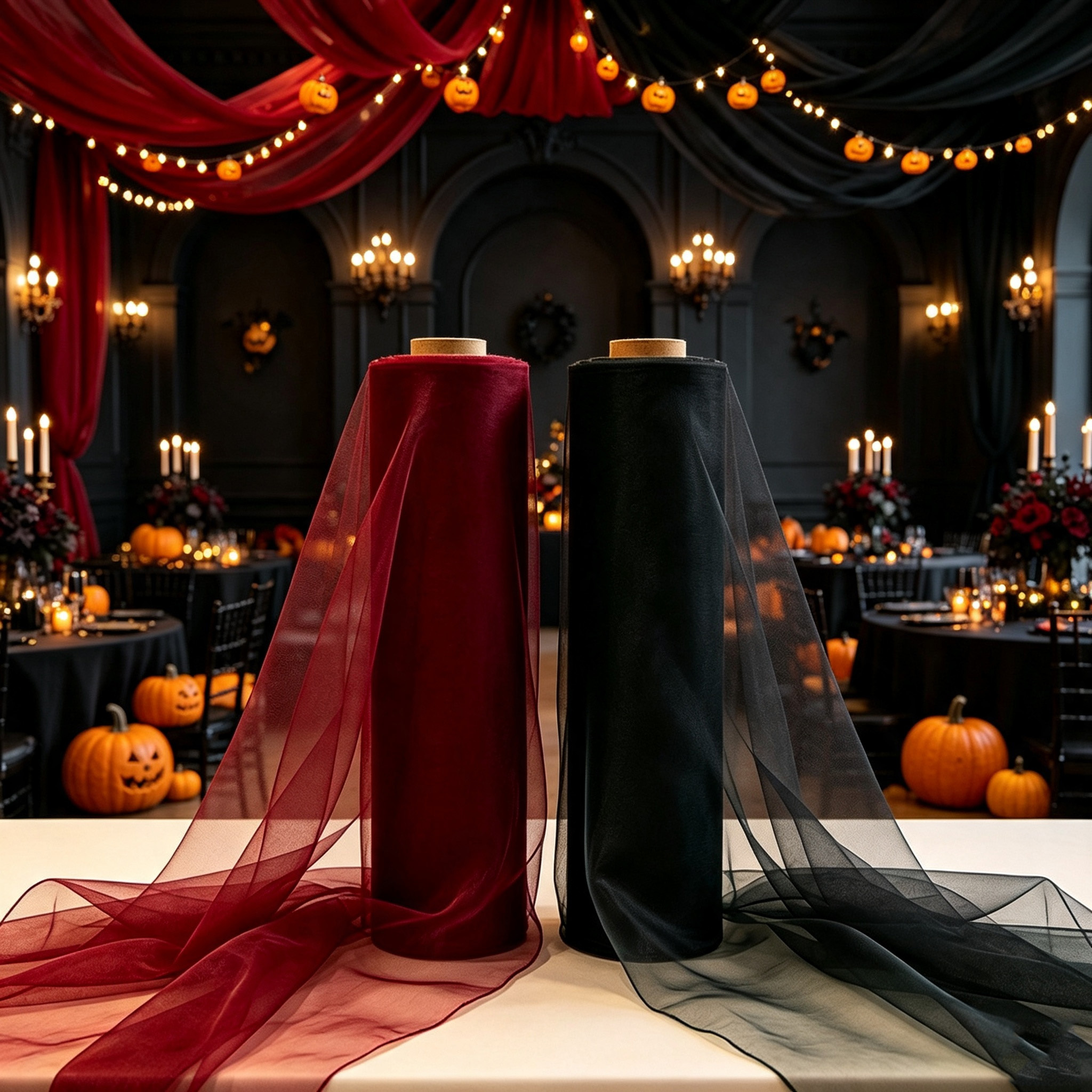 TEMU 2 Rolls Black Wine Red Dual- Sheer Lace Sets, Large Size, Suitable For Curtains, Table And Chair Decoration, Background Setup, Evening Party