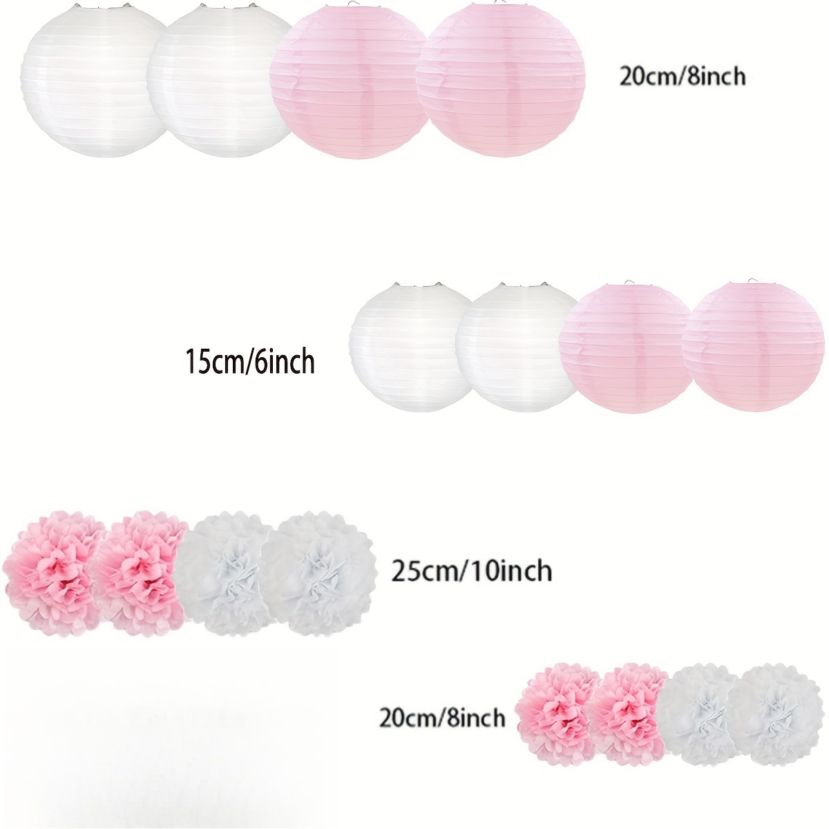 Image of 16pcs Party Paper Lanterns And Pom Poms Hanging Decorations For Weddings, Birthdays & Kids' Showers - Pink/white Party Supplies Set Halloween&christmas