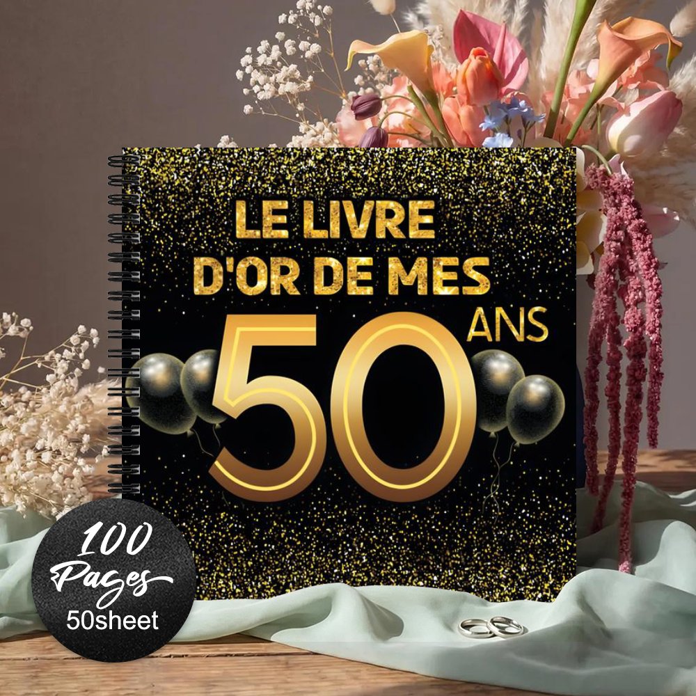 TEMU 1 'or pour invités français, journal de souvenirs pour le 50e anniversaire, 'or à paillettes dorées, parfait pour que signent spécial