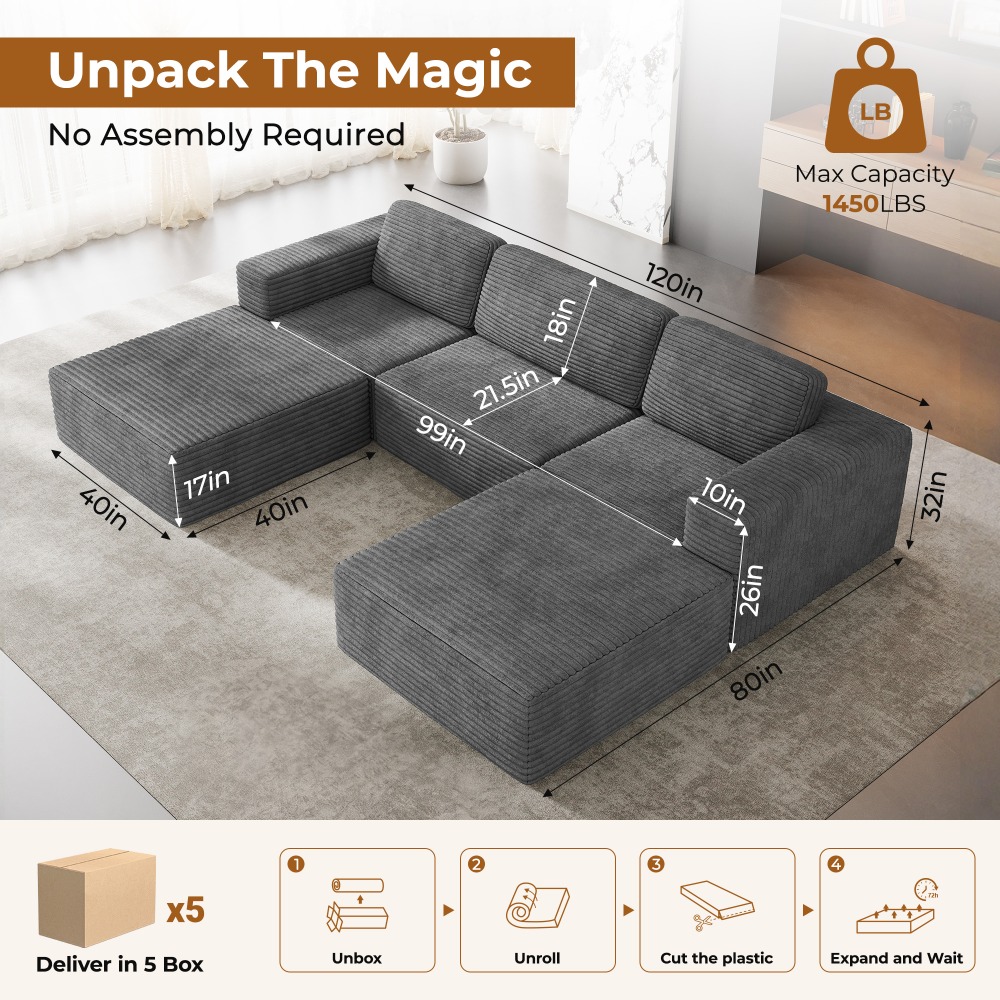 Cloud-style Sectional Sofa With Corduroy Cover, Fluffy Memory Foam Cushions, Easily Assembled Modular Recliner, Large Sofa Set