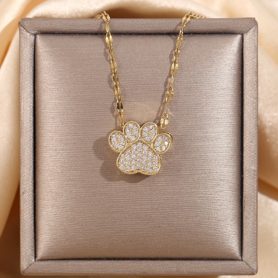 

Cartoon Dog Paw Pendant Necklace, Pet Jewelry Gift, Yellow Cubic Zirconia, Titanium Steel With Copper, Pendant, Jewelry Accessories