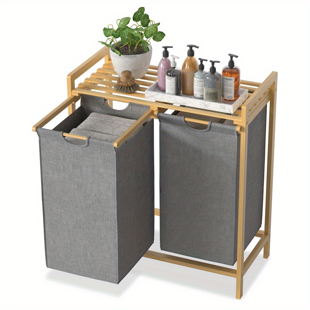 TEMU Laundry Basket 2 Compartments Bamboo Laundry Sorter With Shelf Laundry Collector Removable Laundry Bags Laundry Separator For Bedroom Laundry