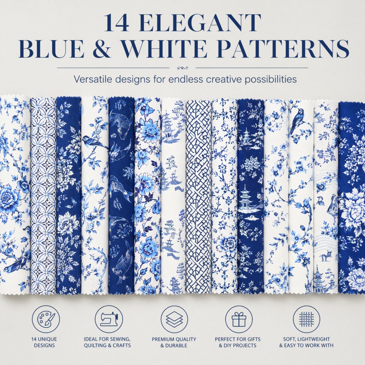 TEMU 42pcs - Tissus imprimés série porcelaine bleue et blanche, comprenant divers beaux floraux d'oiseaux et de poissons et un design bleu - 14pcs -