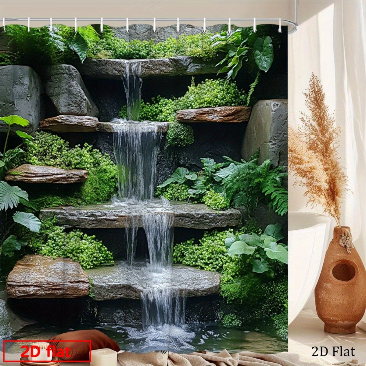 TEMU 2d Flat, 2d Flat Printing Shower Curtain, 1pc Indoor Waterfall Printing Shower Curtain Waterfall With Greenery And Bathroom Decor