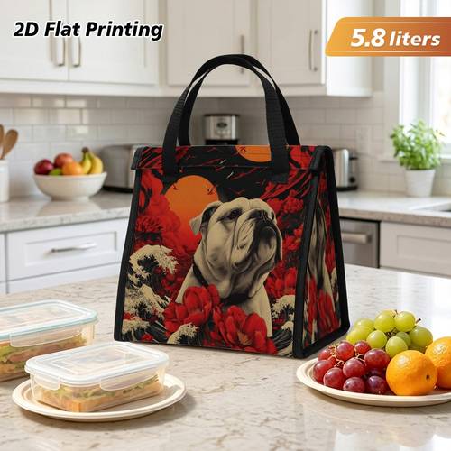 item picture 2d flat printing 1pc sunset bulldog with flowers print polyester insulated cooler bag portable thermal bag no food contact for office restaurant back to school 2d flat