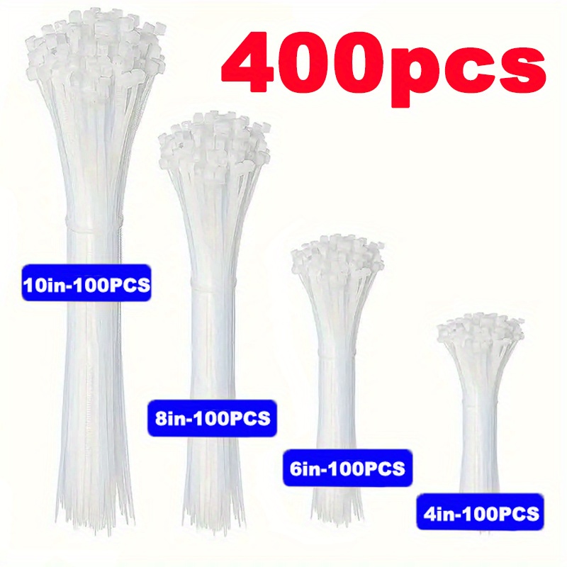 

400pcs Heavy-duty White Nylon Zip Tie Set - Self-locking, Anti-slip, Cold Resistant - Sizes (4", 6", 8", 10") For Outdoor, Garden, Office, Garage & Workshop Organization