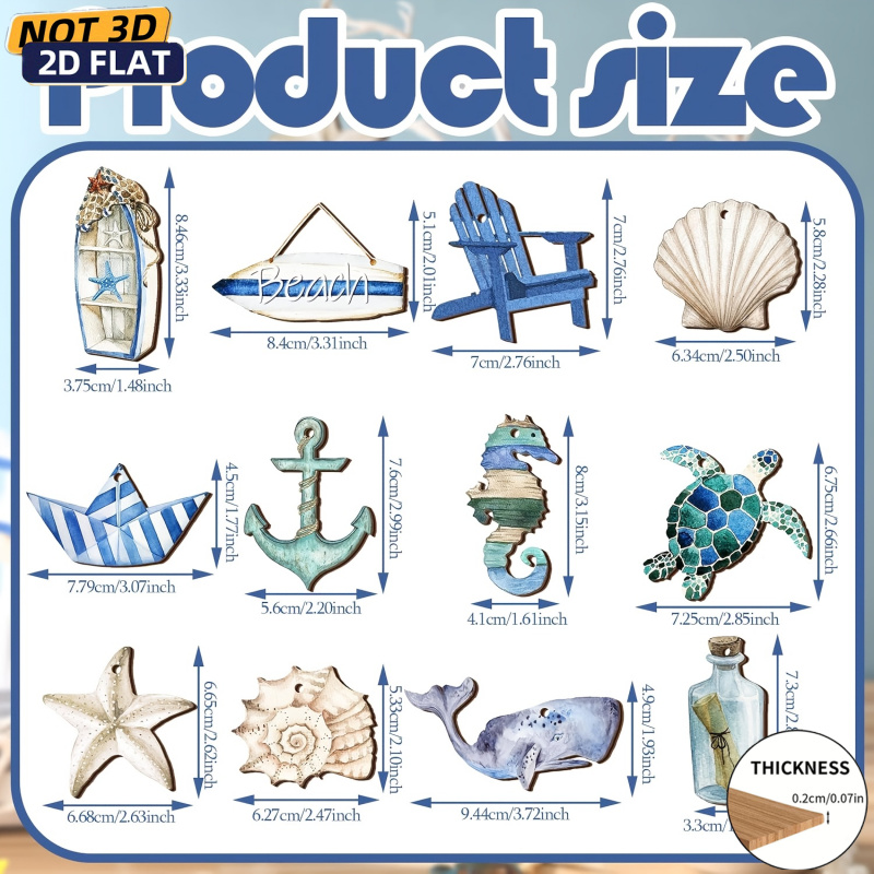 TEMU 2d Flat, 2d Flat-printed Wooden Sea Vacation-style Hanging Ornament, Featuring Integrated Patterns Of Sea Turtle/shell/anchor Shapes, For