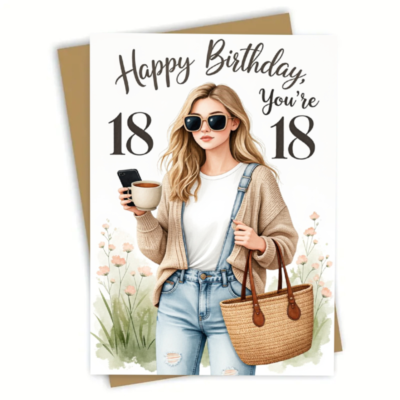 TEMU 1pc Birthday Card Old Girl Holding Coffee Cup Illustration Design Printed Text Happy Birthday Youre 18 Suitable For Adult Eighteen Years Old