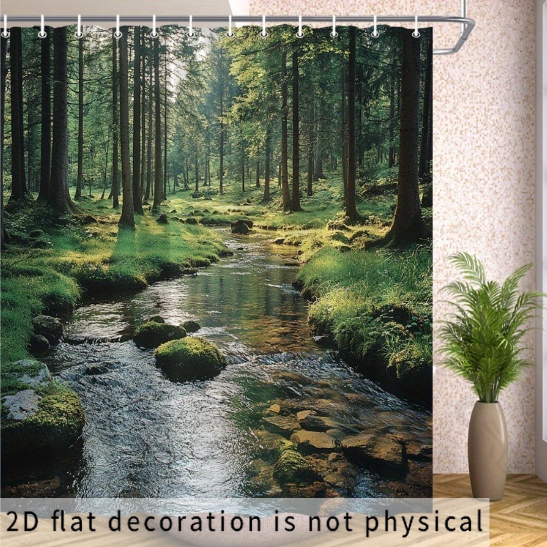 TEMU 2d Flat, 2d Curtain 1pc, Forest Stream Shower Curtain - Woodland Scene With Shady Trees And Rocks, Bathroom Decor, Includes 12 Hooks, Washable,
