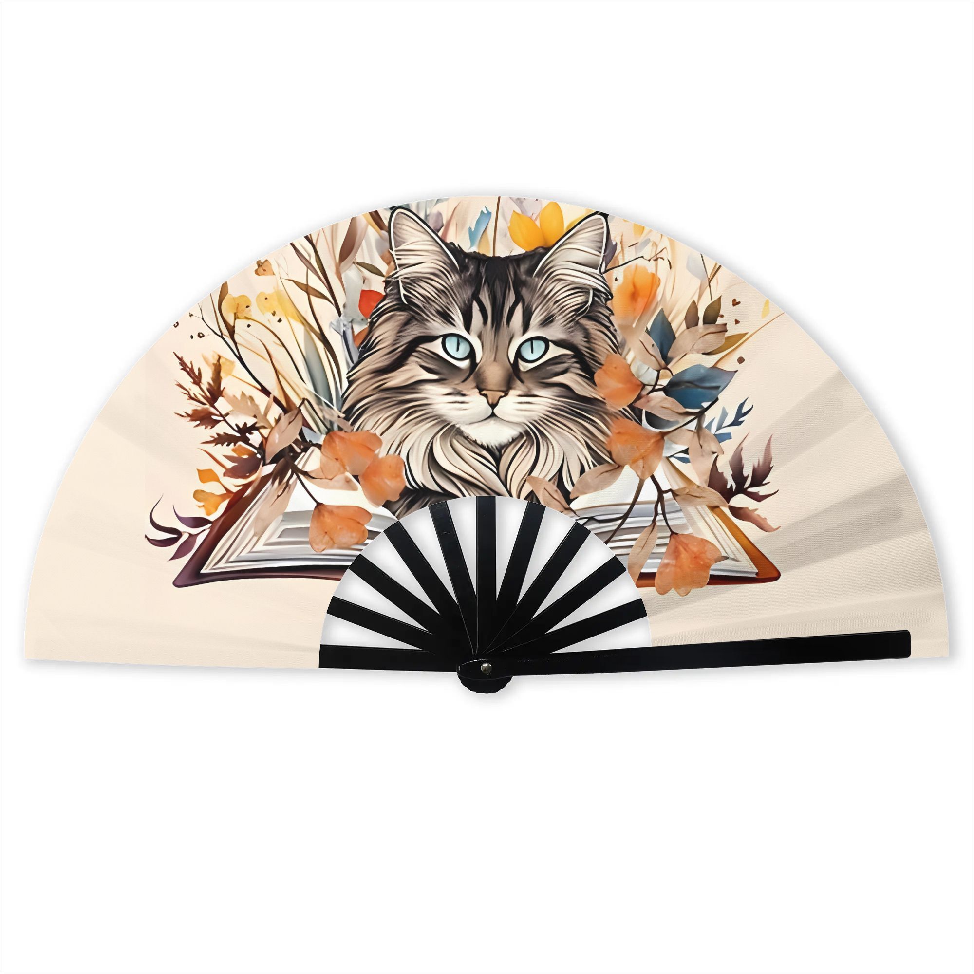 TEMU 2d Print Design Cat And Books With Flowers Folding Fans Foldable Fan Easy To Carry