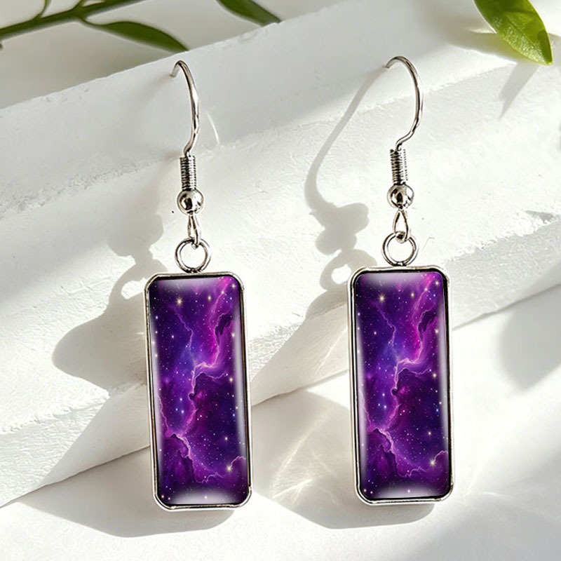 TEMU 1 Pair Purple Starry Nebula Stainless Steel Earring Rectangular Glass Drop Earrings Unisex Jewelry, Without Battery