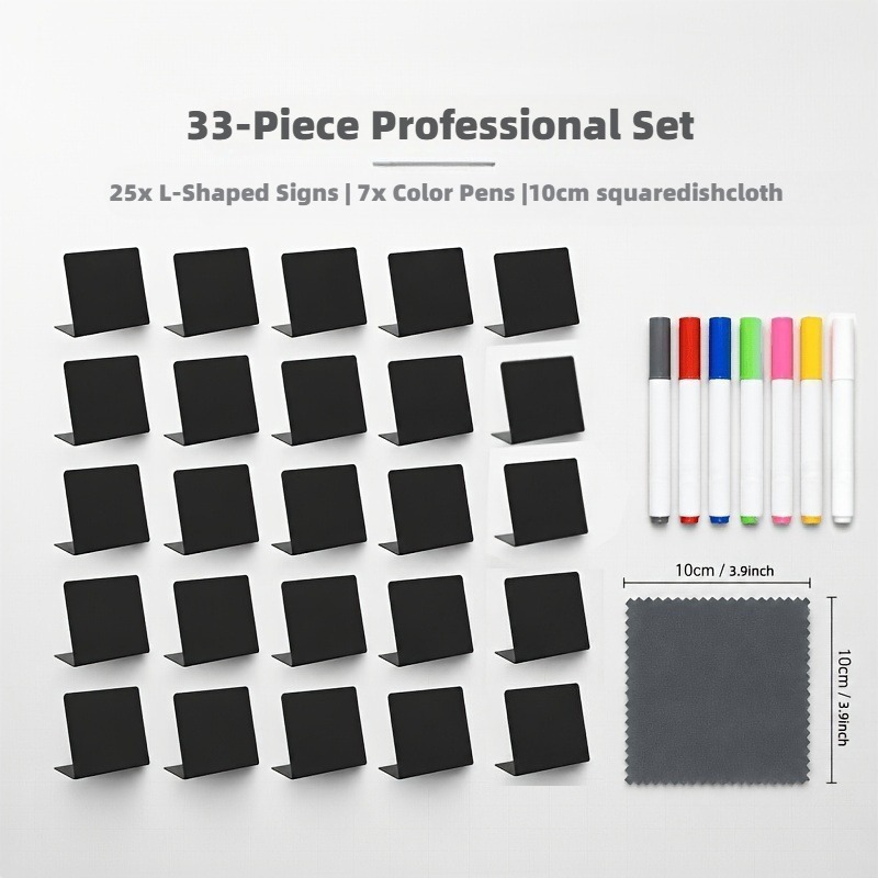 TEMU 33pcs Display Sign Set. Reusable And Rewritable With Clear Handwriting. The Upright Sign Stable And Won' Over. Includes 25 L-shaped Reusable