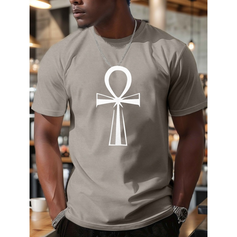 

T-Shirt Décontracté pour Homme avec Ankh - Polyester Léger, Manches Courtes, Col Rond, Tee-Shirt d'Été à Imprimé Géométrique - Lavable en Machine