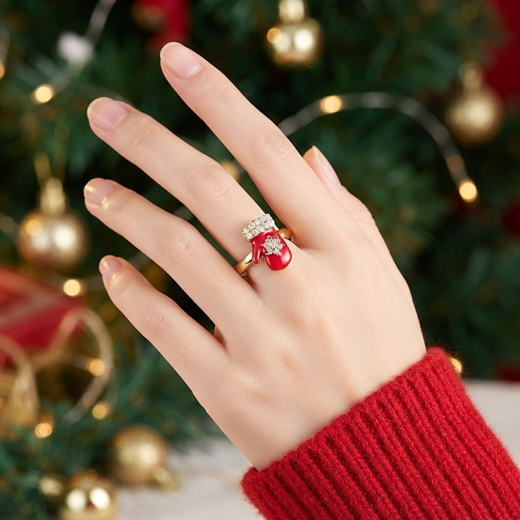 Snowflake Synthetic Zirconia Christmas Glove Open Ring