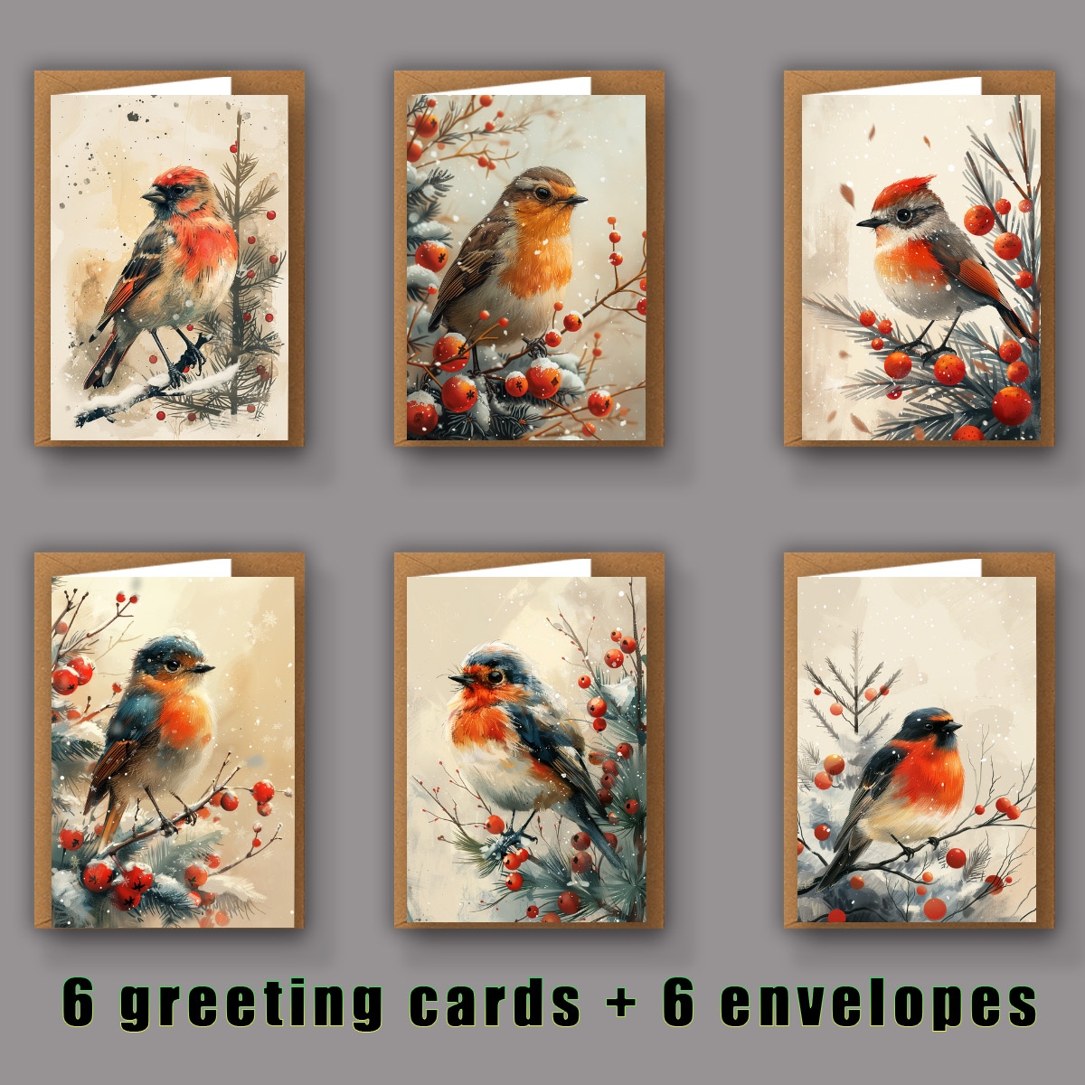 TEMU 1 Set Of 12 Greeting Cards, Christmas Cards Featuring A Robin And Winter Plants. The Cards Come With Envelopes, Measuring 9*13 Cm (3.54*5.11 In)