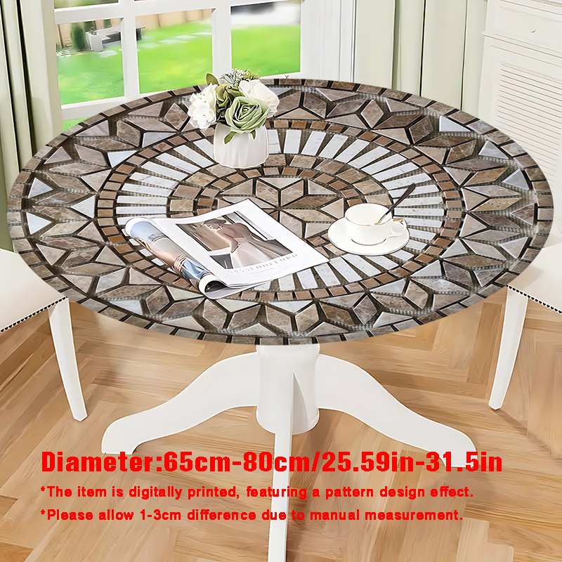 TEMU 2d Flat Geometric Print, Fiber Fabric Round Tablecloth, Stretchable Tablecloth Fits Round Dining Tables, Suitable For Home Decor And Banquet