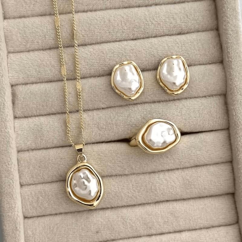TEMU Ensemble de 4 pièces de collier et boucles d'oreilles en style western, rétro français, baroque, incrusté de fausses perles, style de luxe léger