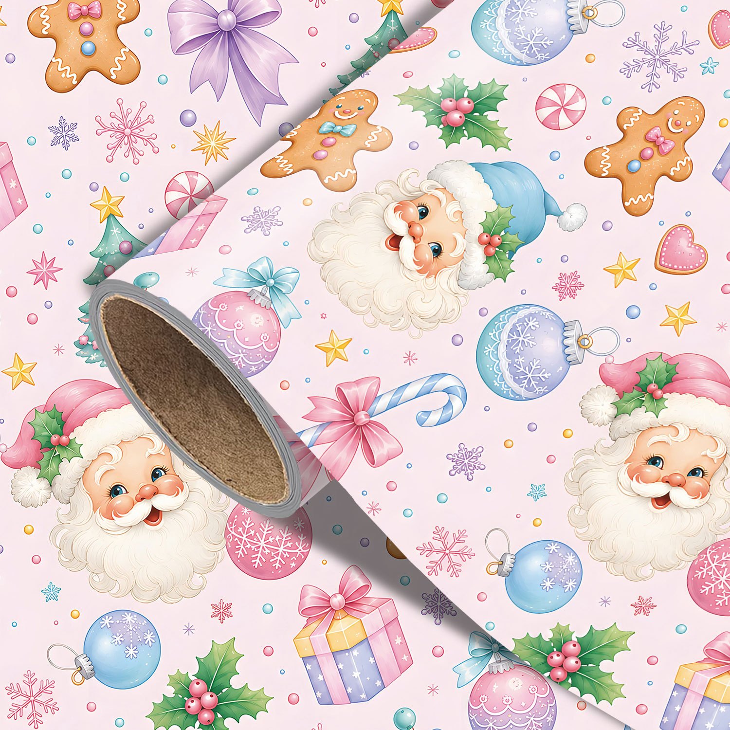 TEMU Rouleau de de Noël pour cadeaux d'année - Impression recto motif Père Noël, bonshommes en pain d'épices, et ornements avec feuilles de