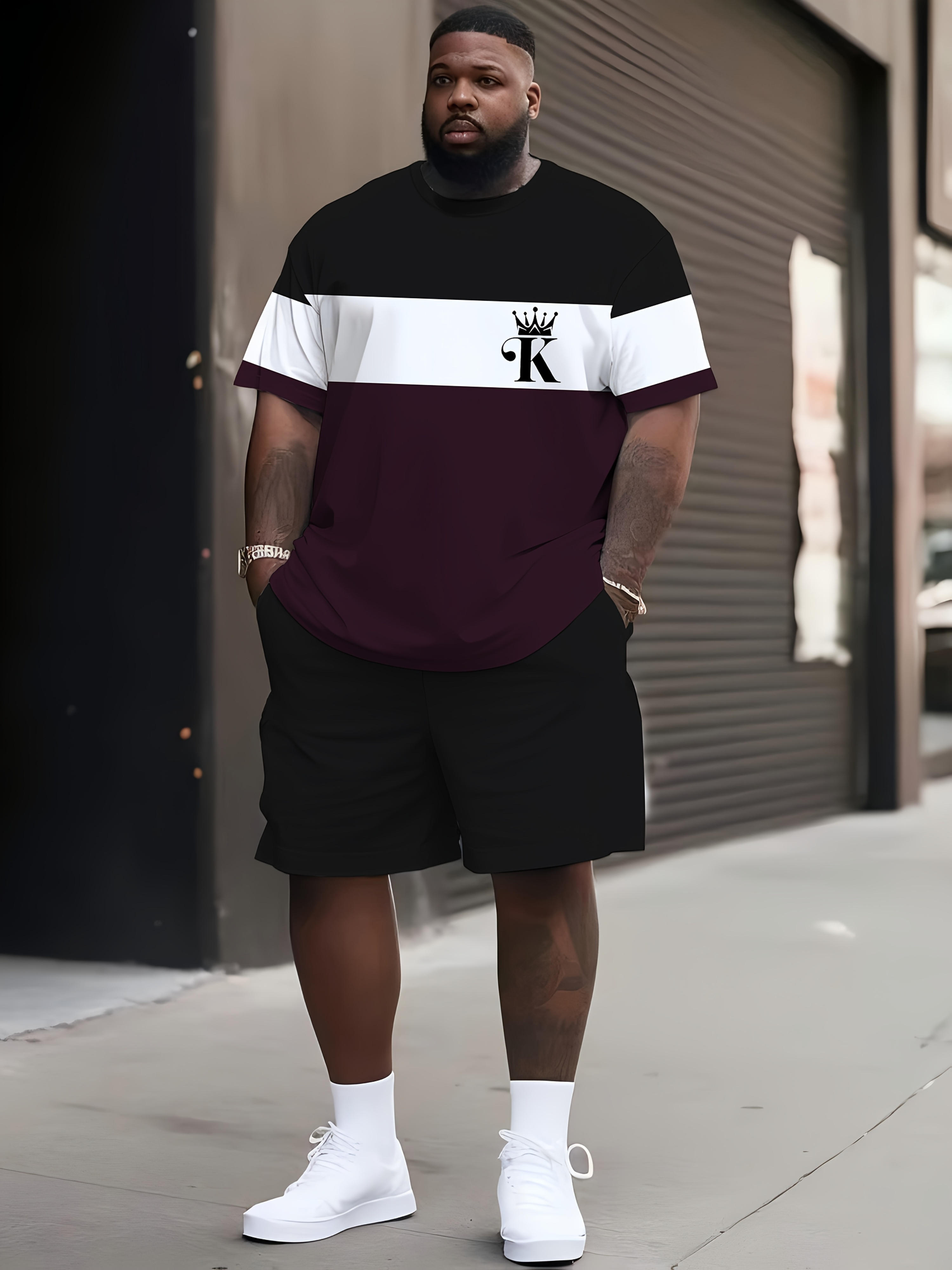 Men's Plus Size Streetwear Casual Black and Purple Plaid Short Sleeve Printed Set, Crew Neck Shorts with Pockets and Drawstring, Suitable for Daily Outdoor Casual Sportswear, Extended Sizes, PLUS SIZE