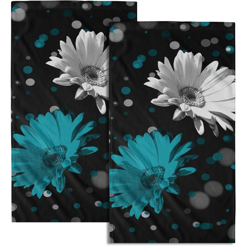 

2 Set 18 Inch By 26 Inch Flower Element Gift Towel Teal Daisy Hand Towels Turquoise Floral Decorative Kitchen Dish Towels Soft Absorbent Face Towel Towels For